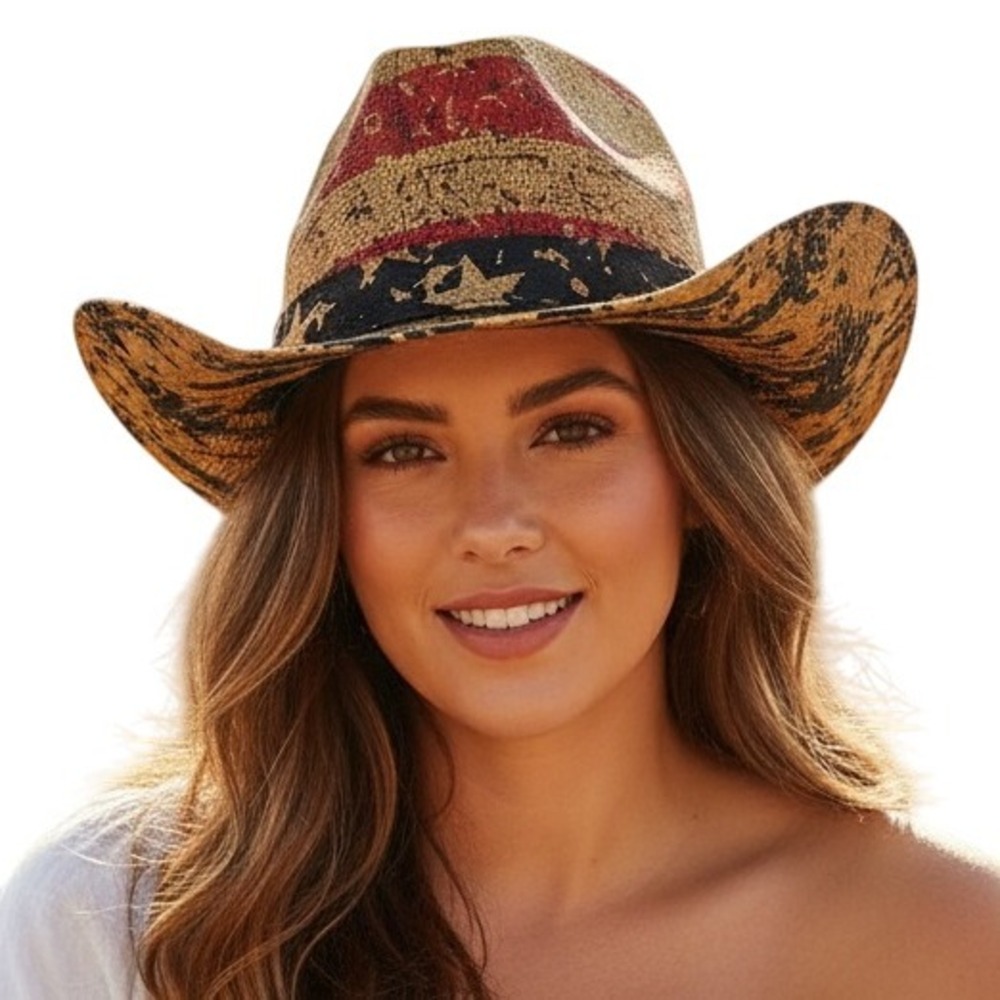 Tea Stained Paper Straw American Flag Fashion Cowboy Hat Vintage Look OS NWT